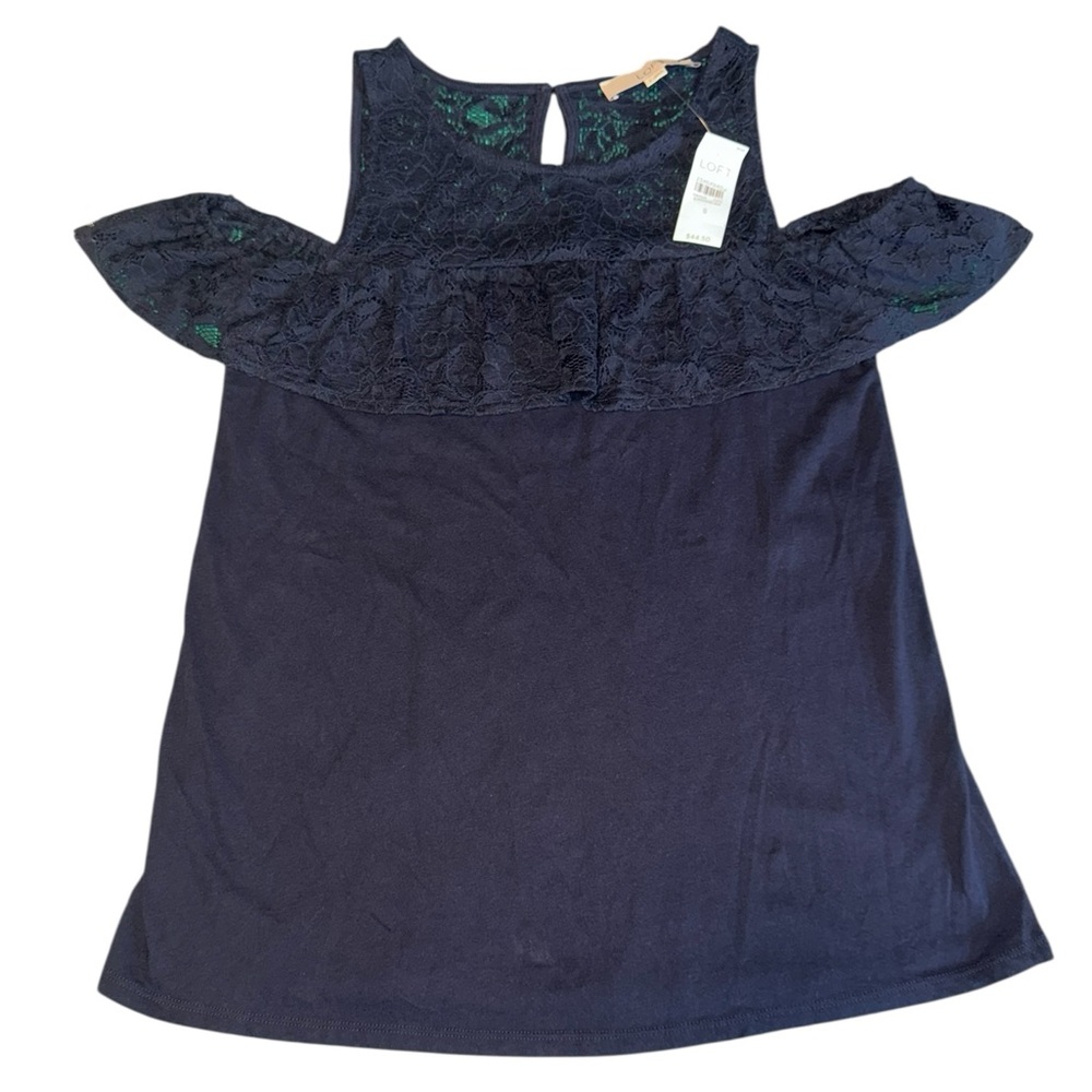 LOFT Cold Shoulder Navy Blue Lace Yoke Top | Size Small | NWT